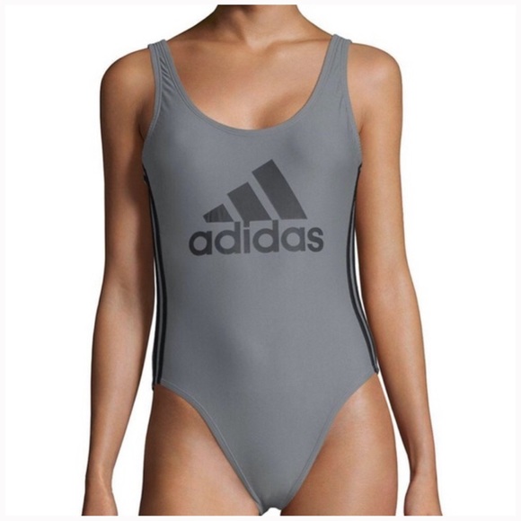Adidas Core Solid Logo Stripe One Piece Swimsuit in Grey/Black - Picture 2 of 12